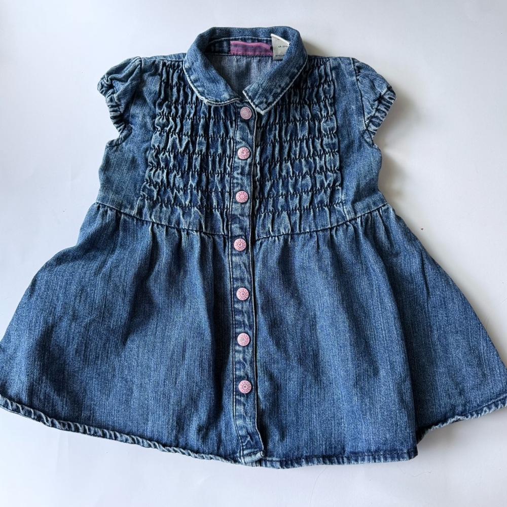 Vintage Guess Denim Dress Baby 12months Ruffle Design Pink Buttons